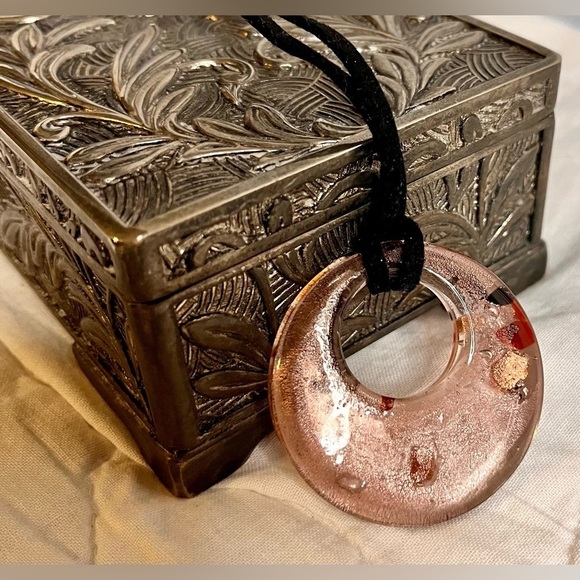 Hand Crafted Jewelry - Handmade Dichroic Glass Donut Pendant Necklace Rose Pink Gold Fused Art Jewelry